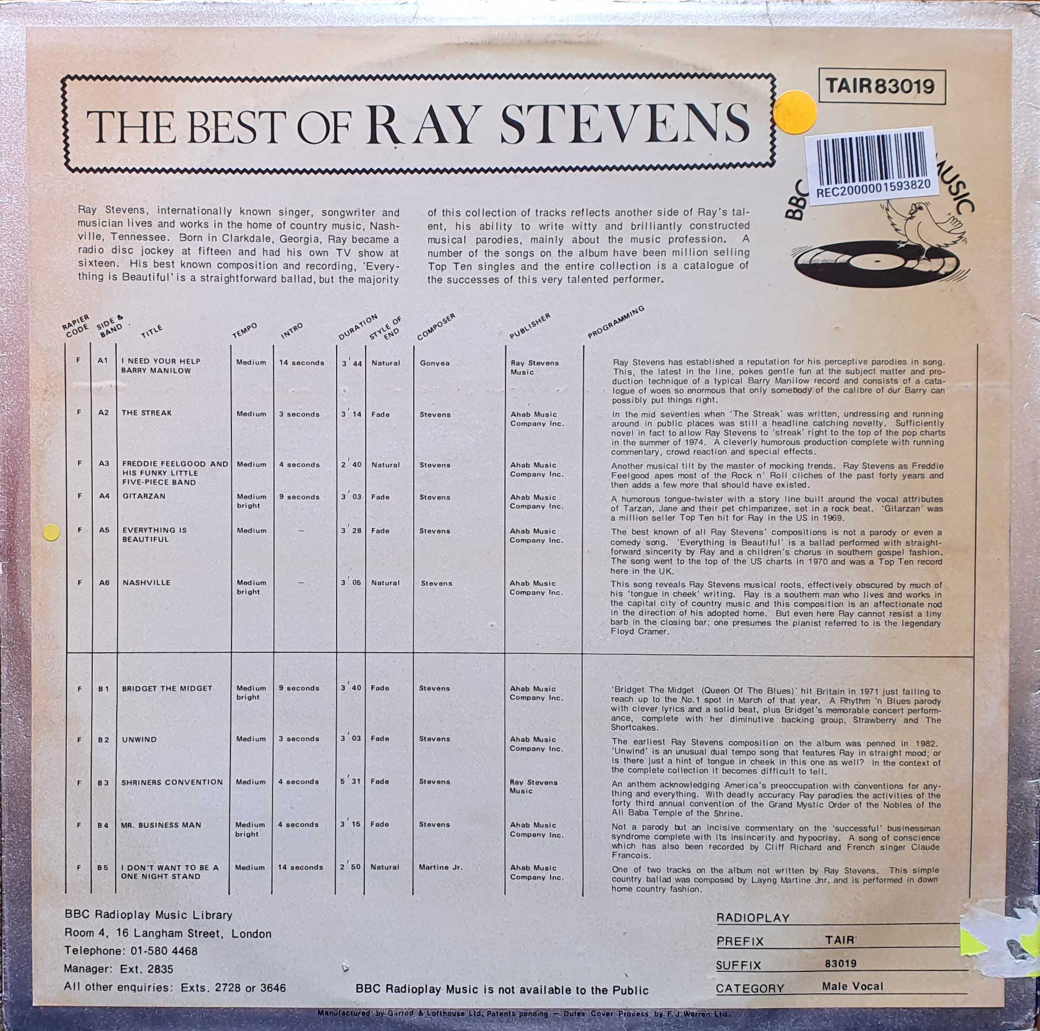 Picture of TAIR 83019 The best of Ray Stevens by artist Ray Stevens from the BBC records and Tapes library